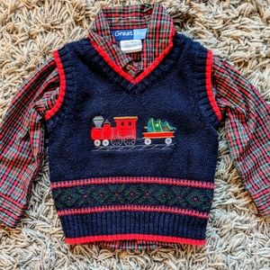 Boys 18 months 2 piece Christmas train vest & button down red plaid shirt
